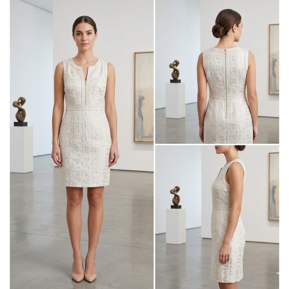 Liz Claiborne Sheath Dress Womens 16 Ivory Metallic Jacquard Lined Sleeveless